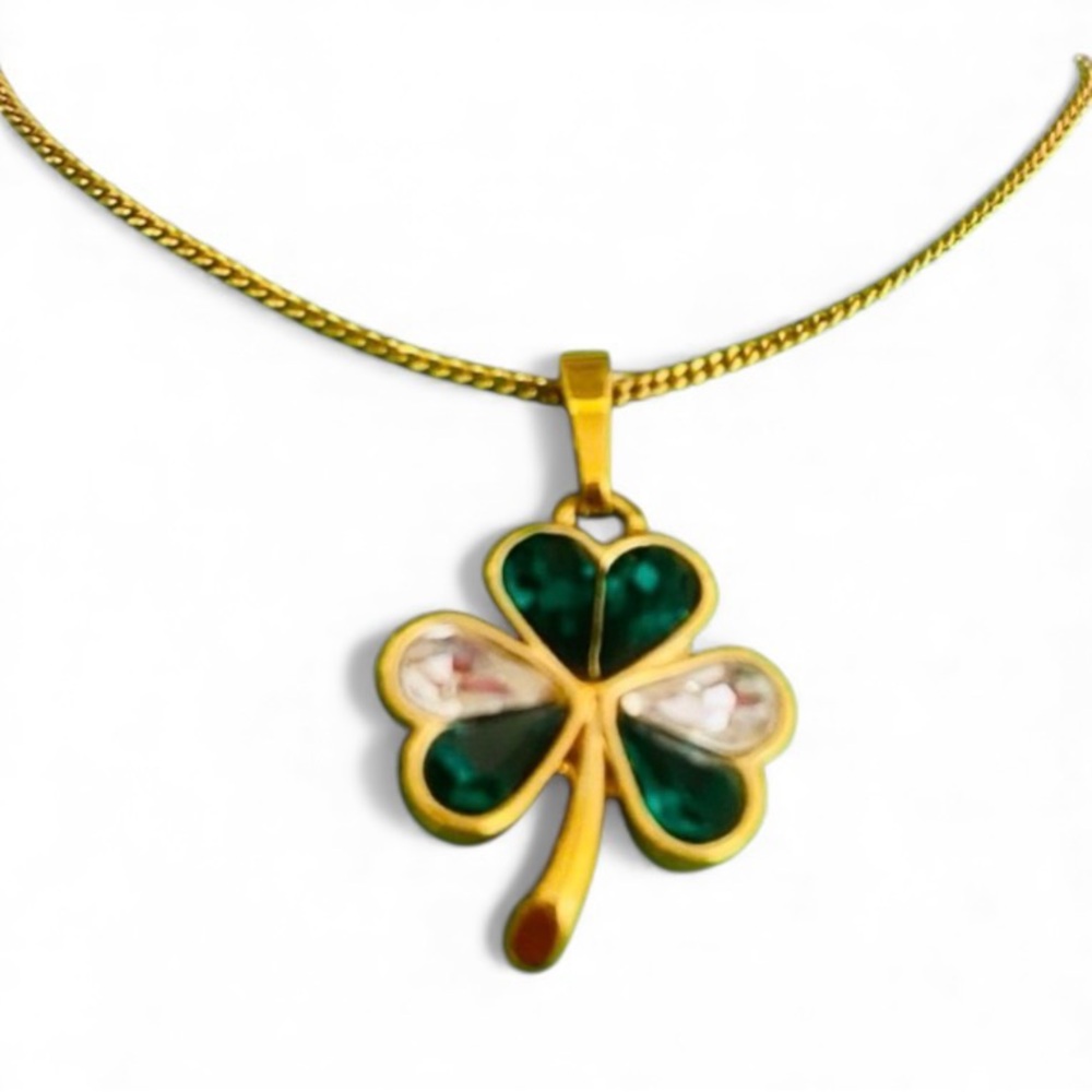 Vintage Sol D'Or Ireland 14K Rolled Gold Green/Crystal Irish Shamrock Necklace